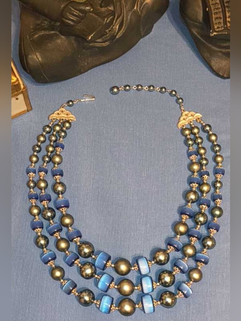 Vintage 1950s Japan 3 ~ Strand Blue Moonglow Cat Eye Faux Pearl Statement Piece